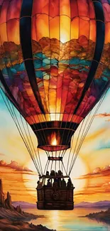 Hot air balloon soars against a sunset sky.