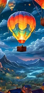 Colorful hot air balloons drifting in a vibrant night sky.