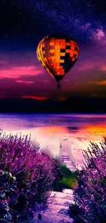 Hot air balloon over a colorful sunset with a magenta sky and water reflection.