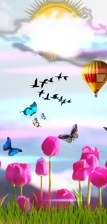 Colorful hot air balloon and pink tulips with a radiant sun.