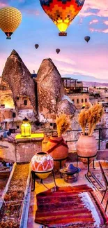 Vibrant Cappadocia landscape with hot air balloons at sunset.