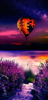 Hot air balloon at sunset over scenic landscape.