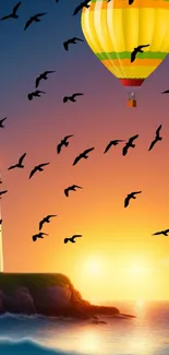 Hot air balloon and birds against a sunset backdrop with lighthouse.