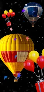 Hot air balloons float in a starry sky.