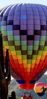 Colorful hot air balloons above desert cacti.