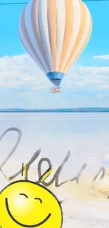 Vibrant wallpaper featuring a hot air balloon and a smiley face in a scenic sky.