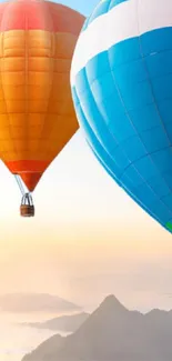 Vibrant hot air balloons in sunny sky