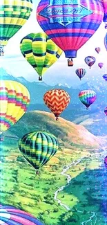 Colorful hot air balloons floating over lush green hills.