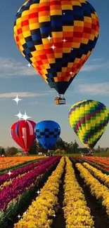 Vibrant hot air balloons over a colorful flower field.