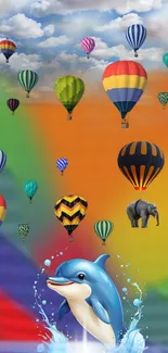 Hot air balloons and a dolphin splash in a colorful sky.