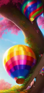 Colorful hot air balloons against a fantasy tree backdrop.