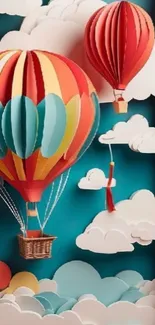 Artistic depiction of hot air balloons in a colorful, cloud-filled sky.
