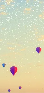 Colorful hot air balloons float in a pastel sky at sunrise.