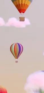 Colorful hot air balloons float against a pastel sky.