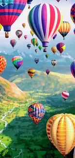 Vibrant hot air balloons over scenic hills.