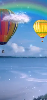 Colorful hot air balloons under a vibrant rainbow