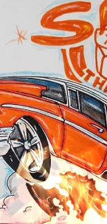 Dynamic hot rod art with vibrant orange and red vintage car.