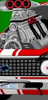 Illustrated hot rod engine with vibrant colors.