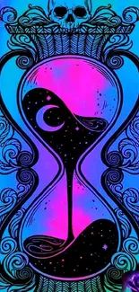 Vibrant neon hourglass art wallpaper with intricate patterns and bold colors.