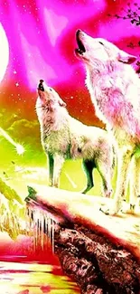 Two wolves howling under pink aurora.