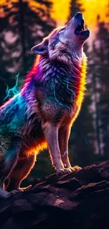 Colorful wolf howling at sunset in a forest, vibrant and majestic.