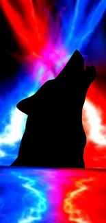 Howling wolf silhouette with vibrant red and blue neon glow.