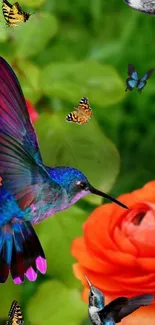 Colorful hummingbird and butterflies with orange flower in nature scene.