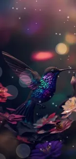 Vibrant hummingbird with colorful flowers in dreamy setting.