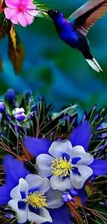 Colorful hummingbird with vibrant flowers in lush scenery.