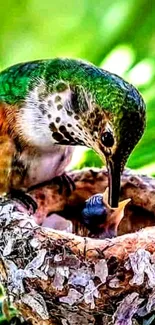 Hummingbird at its nest, vibrant green foliage in background.