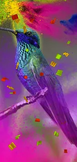 Vibrant hummingbird with colorful artistic background on a mobile wallpaper.