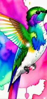 Vibrant watercolor hummingbird with colorful background.