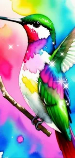 Vibrant hummingbird with colorful watercolor design.