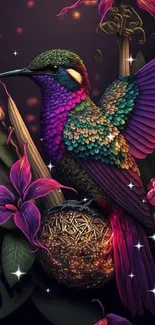 Vibrant hummingbird with colorful feathers amid exotic flowers.