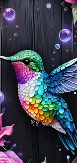 Colorful hummingbird with roses on a dark background.