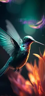 Colorful hummingbird hovering near vibrant flowers in fantasy art style.