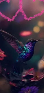 Vibrant hummingbird with neon flowers in fantasy scene.