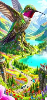 Vibrant fantasy landscape with giant hummingbird over a colorful valley.