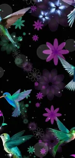 Colorful hummingbirds and flowers on black background.