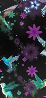 Vibrant hummingbirds and flowers on a dark background wallpaper.