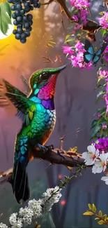 Vibrant hummingbird with colorful flowers and butterfly on a branch.