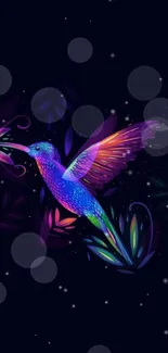 Vibrant neon hummingbird on dark background mobile wallpaper.