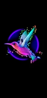 Neon hummingbird art on black wallpaper with vibrant colors.