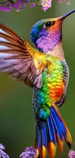 Colorful hummingbird amidst flowers.