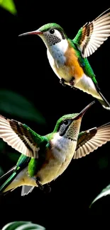 Two vibrant hummingbirds in mid-flight against dark foliage background.