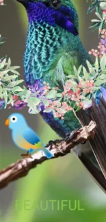 Vibrant hummingbird perched on branch with floral wreath.