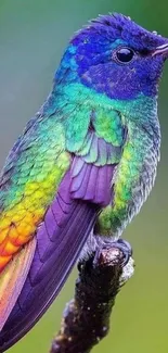 Colorful hummingbird sitting on a branch with vibrant feathers.