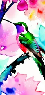 Vibrant watercolor hummingbird amidst colorful flowers.