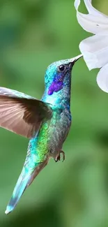 Colorful hummingbird near white flower with green background.