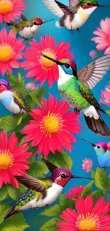 Colorful hummingbirds with pink flowers on a vibrant wallpaper.